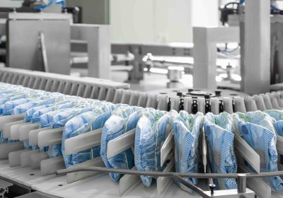 diapers on a conveyor belt closeup. factory and equipment for the production of pampers plant for the production of diapers