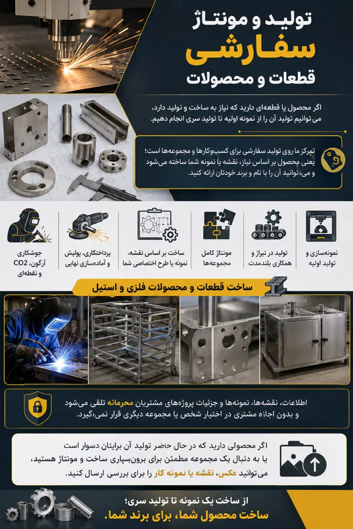 ظرفیت خالی تولید سری و مونتاژ سفارشی قطعات فلزی و استیل